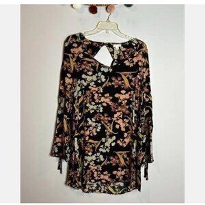 Xhilaration Sz S Adorable Black Floral Dress Long Bell Sleeves Boho Styling
